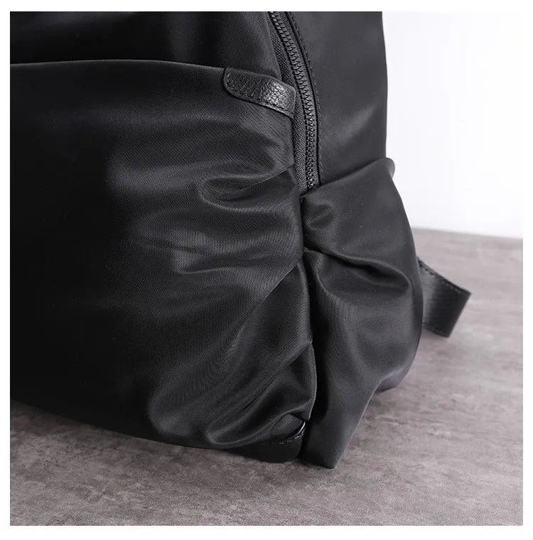 Black Nylon Backpack Womens School Backpack bag Black Nylon Leather Travel Rucksack for Ladies