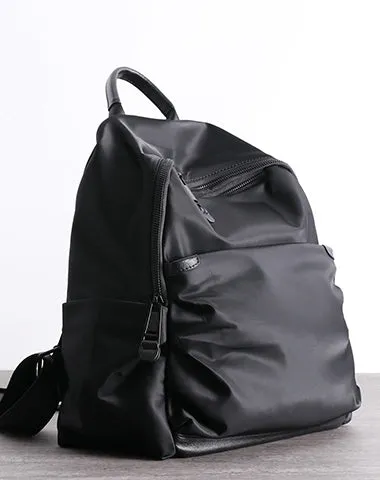 Black Nylon Backpack Womens School Backpack bag Black Nylon Leather Travel Rucksack for Ladies