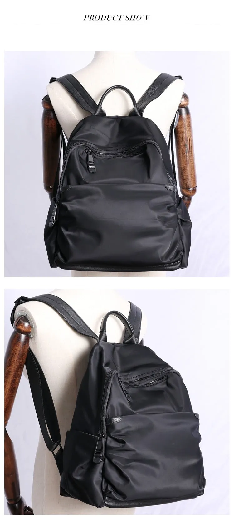 Black Nylon Backpack Womens School Backpack bag Black Nylon Leather Travel Rucksack for Ladies