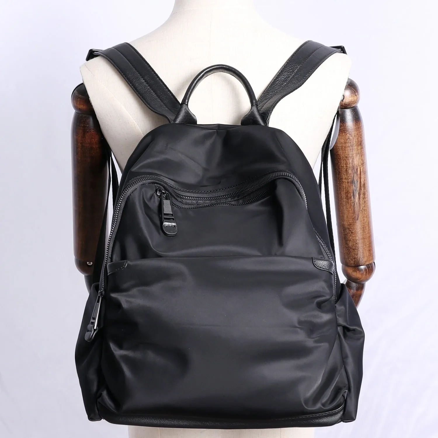 Black Nylon Backpack Womens School Backpack bag Black Nylon Leather Travel Rucksack for Ladies