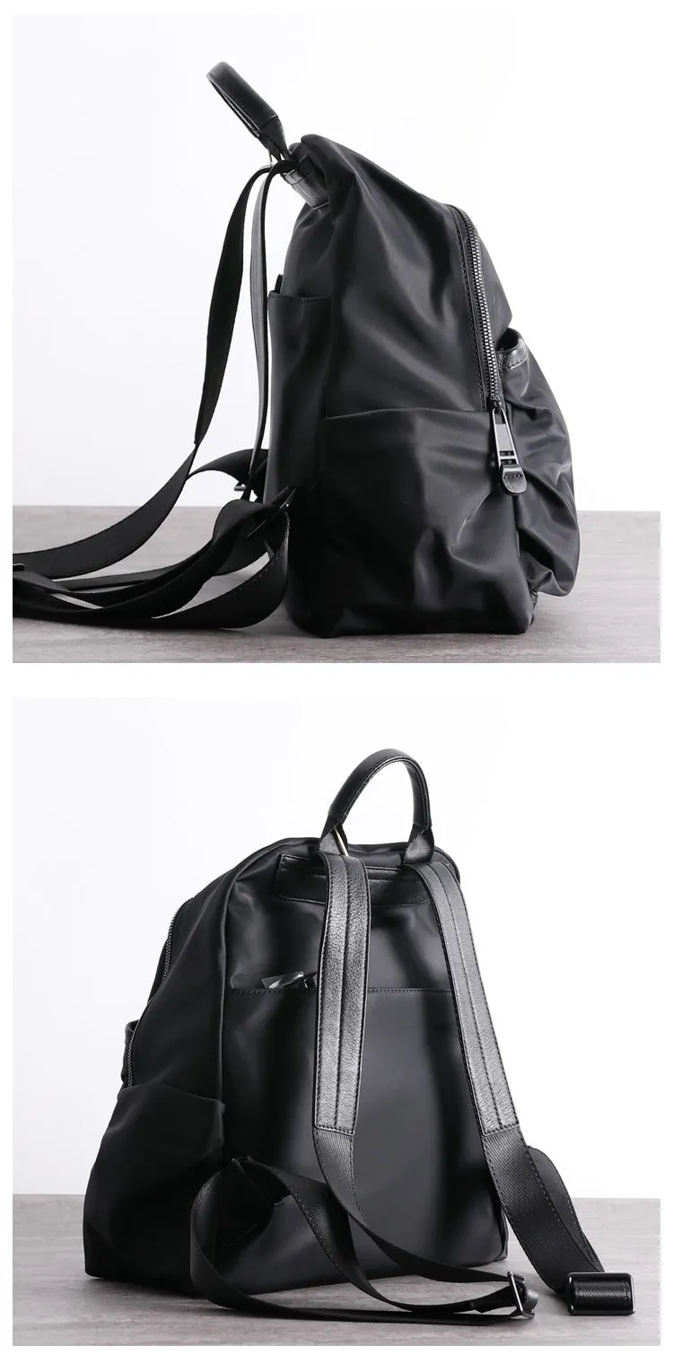 Black Nylon Backpack Womens School Backpack bag Black Nylon Leather Travel Rucksack for Ladies