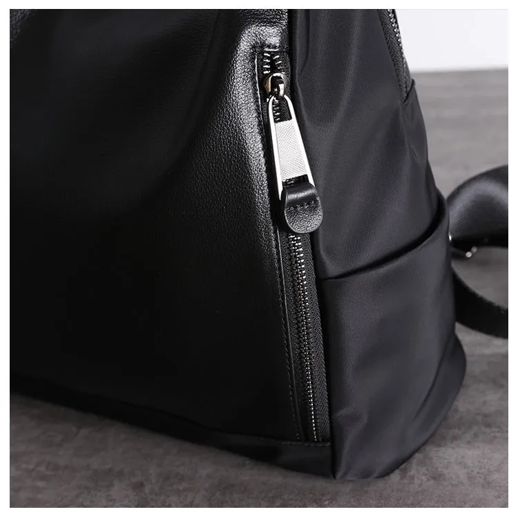Black Nylon Satchel Backpack Womens Cute School Backpack Bag Black Nylon Leather Travel Rucksack for Ladies
