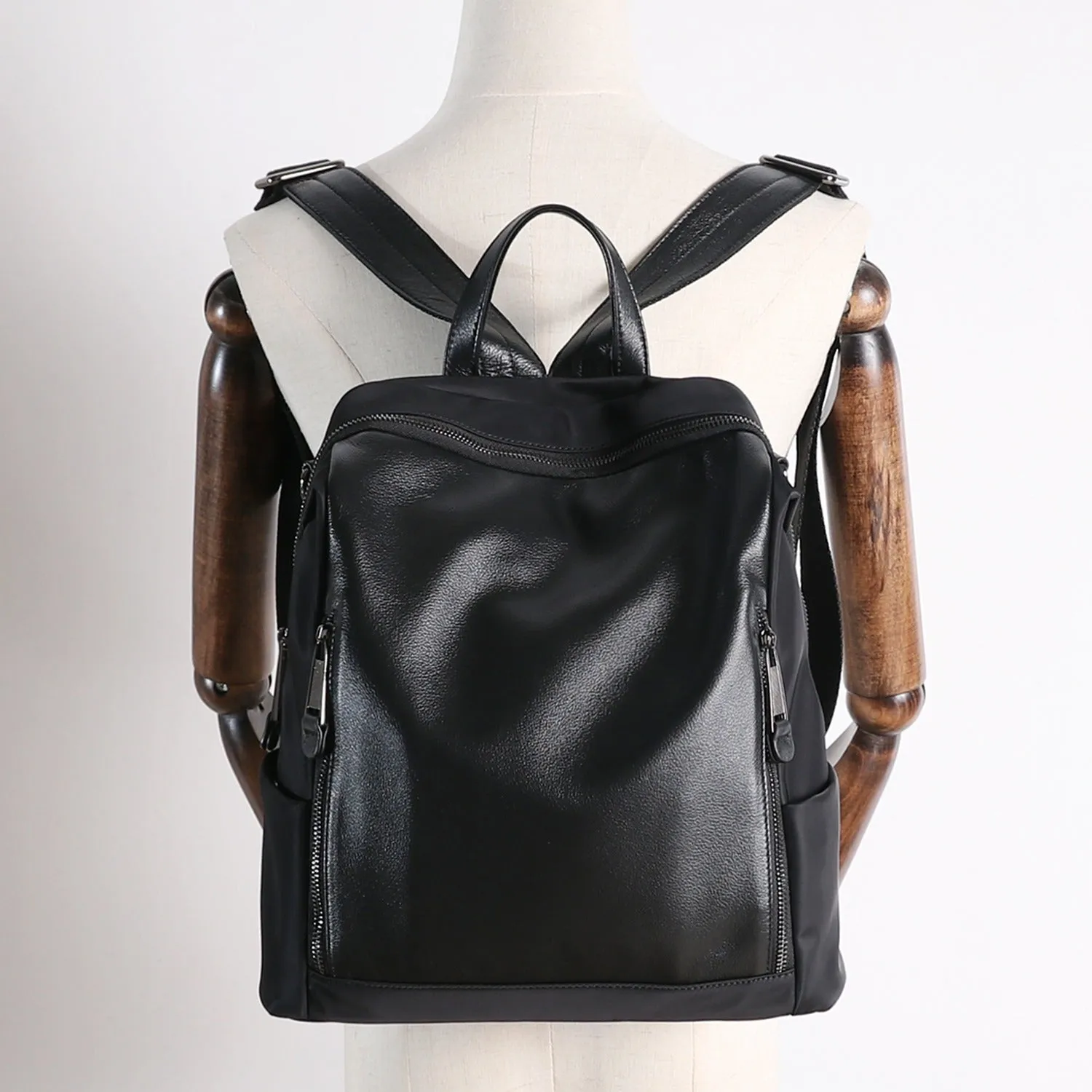 Black Nylon Satchel Backpack Womens Cute School Backpack Bag Black Nylon Leather Travel Rucksack for Ladies