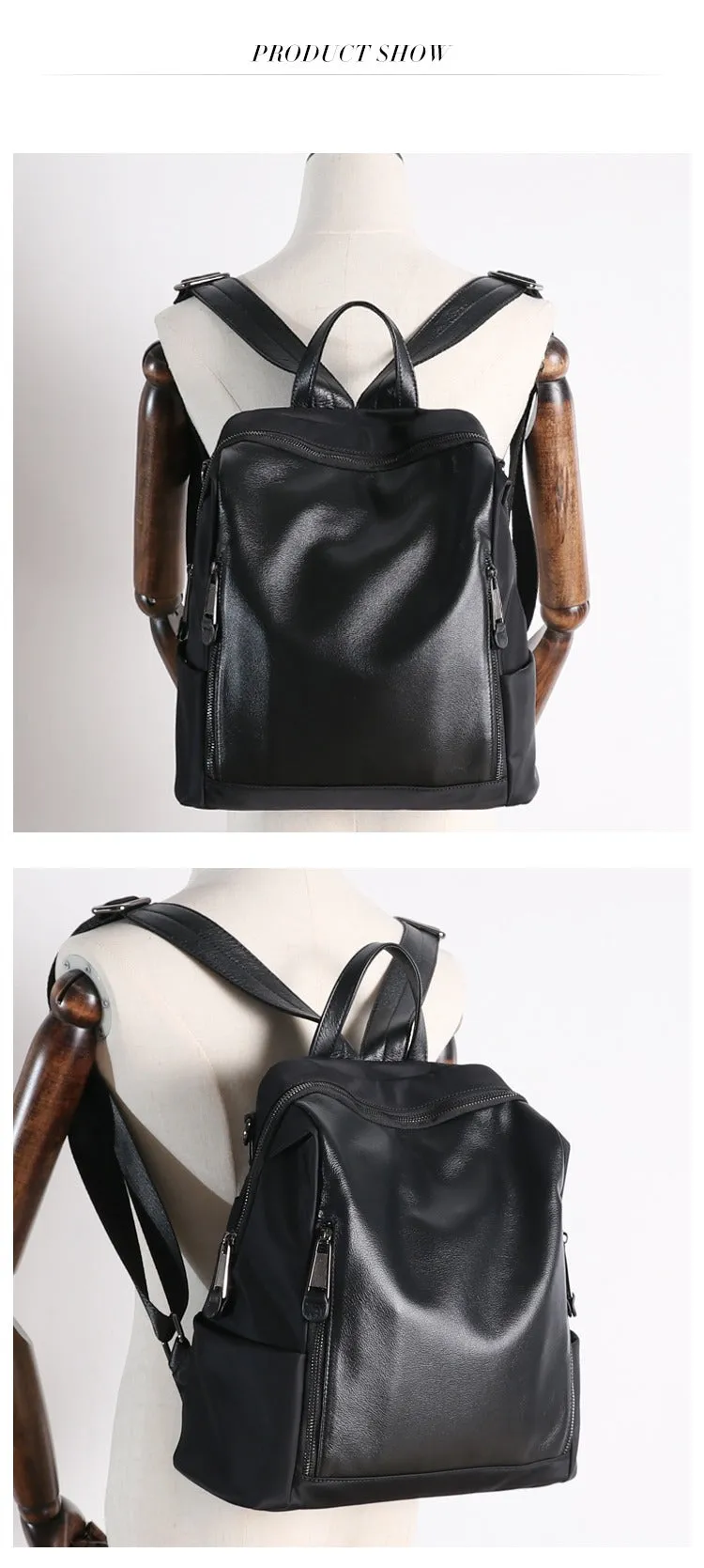Black Nylon Satchel Backpack Womens Cute School Backpack Bag Black Nylon Leather Travel Rucksack for Ladies