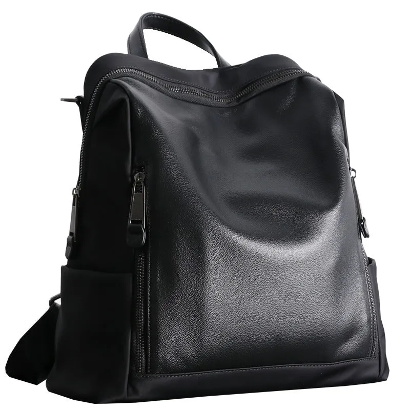 Black Nylon Satchel Backpack Womens Cute School Backpack Bag Black Nylon Leather Travel Rucksack for Ladies