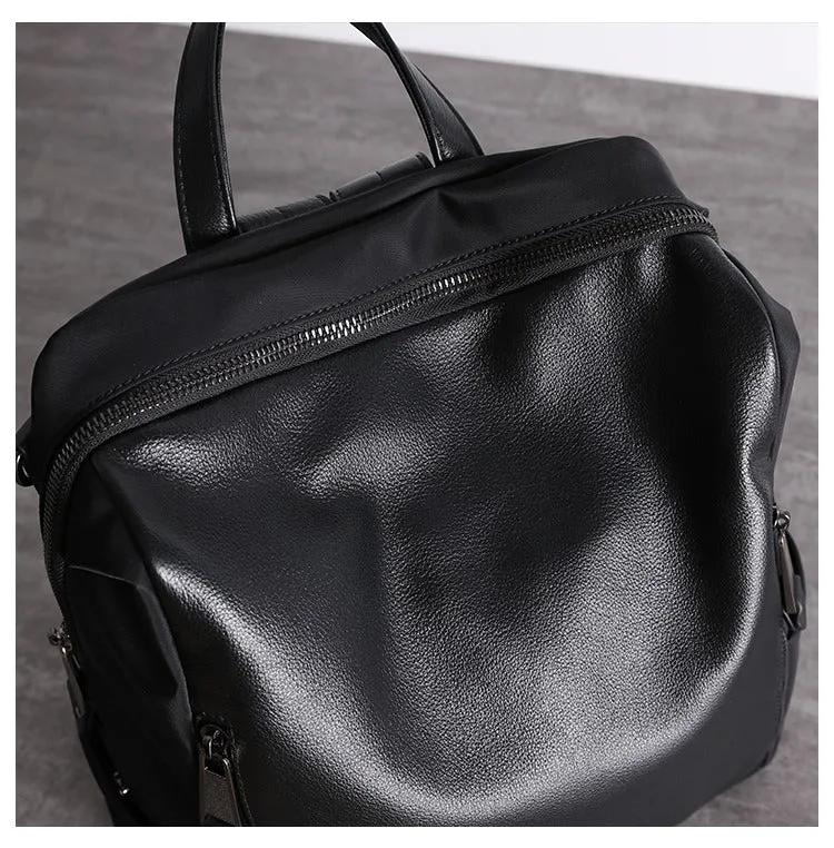 Black Nylon Satchel Backpack Womens Cute School Backpack Bag Black Nylon Leather Travel Rucksack for Ladies