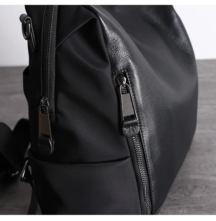 Black Nylon Satchel Backpack Womens Cute School Backpack Bag Black Nylon Leather Travel Rucksack for Ladies