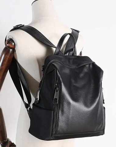 Black Nylon Satchel Backpack Womens Cute School Backpack Bag Black Nylon Leather Travel Rucksack for Ladies