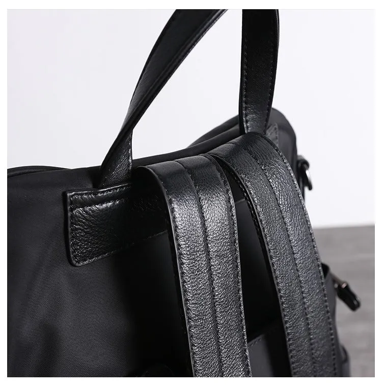Black Nylon Satchel Backpack Womens Cute School Backpack Bag Black Nylon Leather Travel Rucksack for Ladies