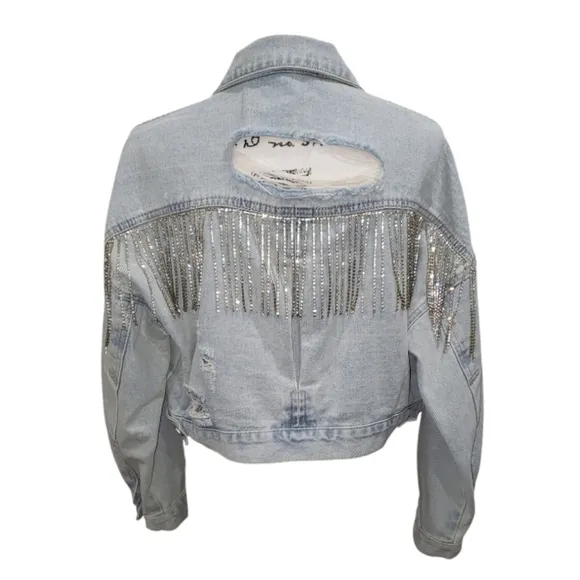 Blue B Collection Distressed Cropped Denim Jacket W/ Rhinestone Fringe