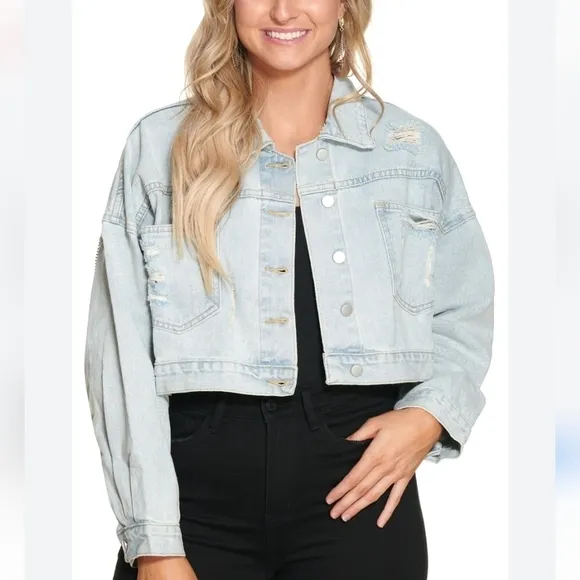 Blue B Collection Distressed Cropped Denim Jacket W/ Rhinestone Fringe