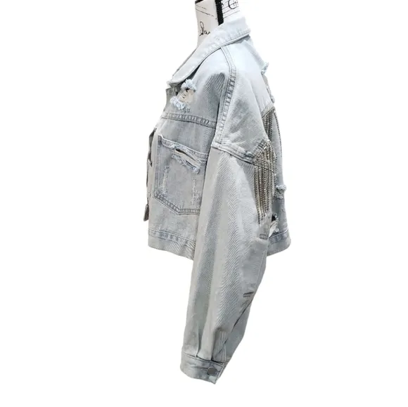 Blue B Collection Distressed Cropped Denim Jacket W/ Rhinestone Fringe