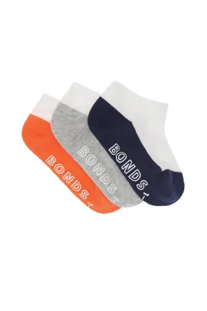 Bonds Baby Logo Light Low Cut Socks 3 Pack | Orange, Grey & Navy