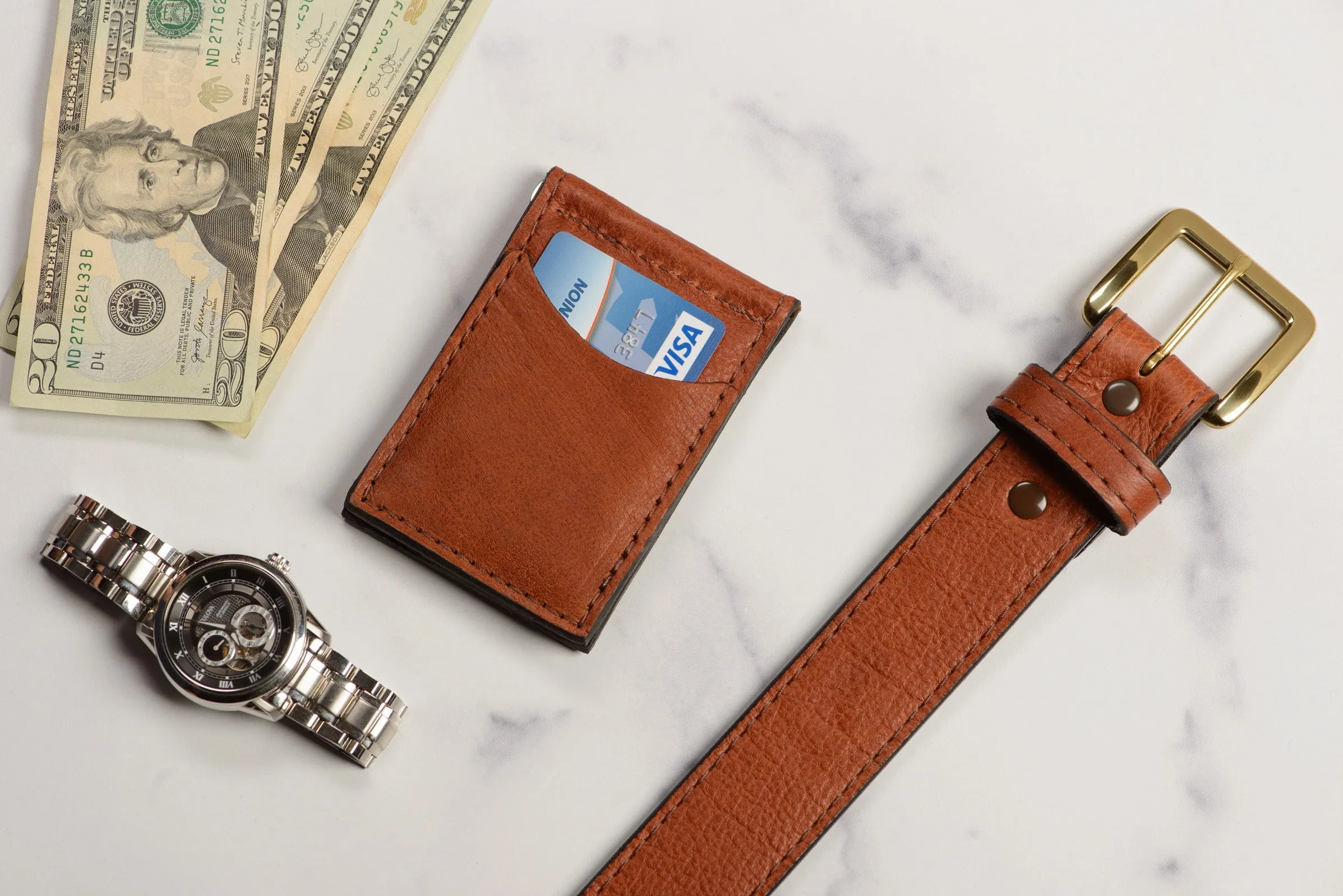 Brown Bison Bifold Slim Profile Wallet With Money Clip