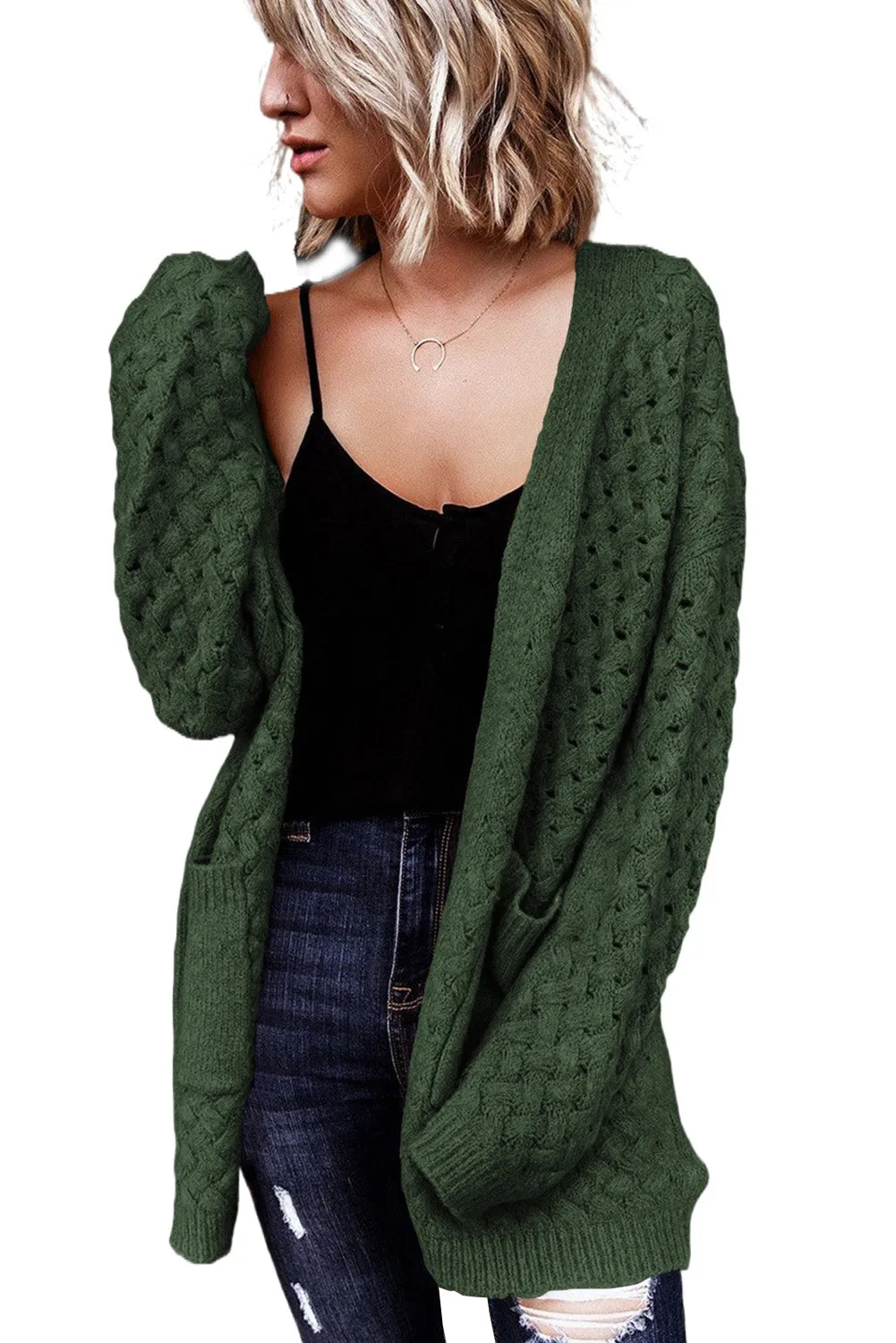 Brown Open Front Woven Texture Knitted Cardigan with Pockets