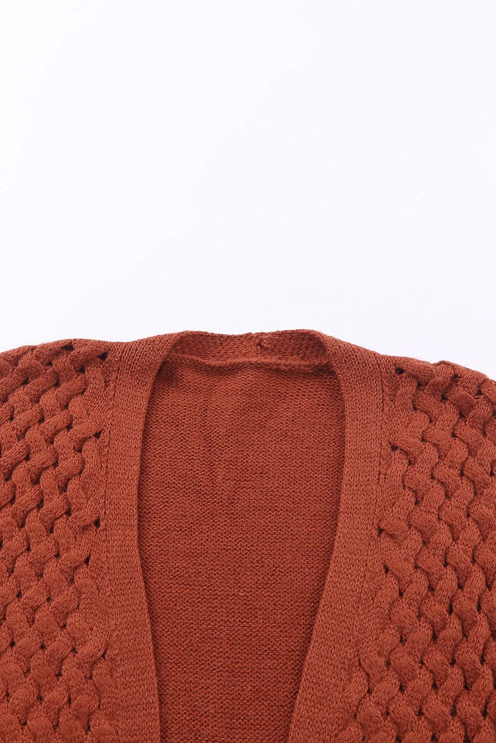 Brown Open Front Woven Texture Knitted Cardigan with Pockets