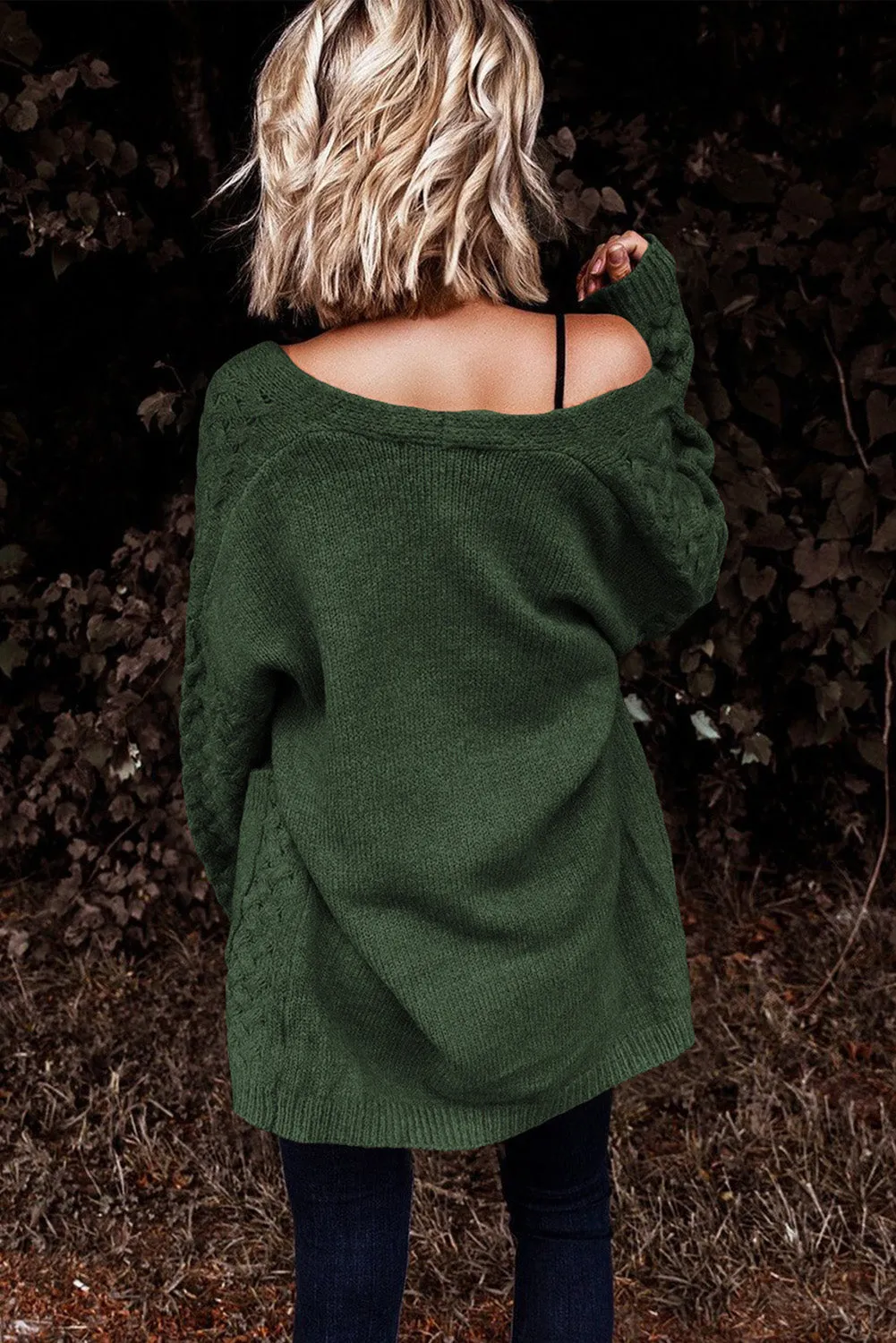 Brown Open Front Woven Texture Knitted Cardigan with Pockets