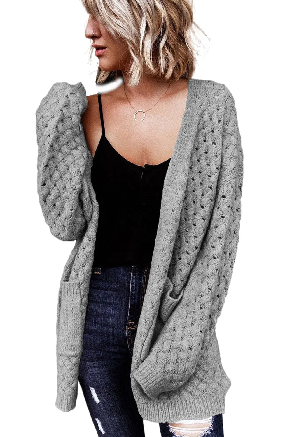 Brown Open Front Woven Texture Knitted Cardigan with Pockets