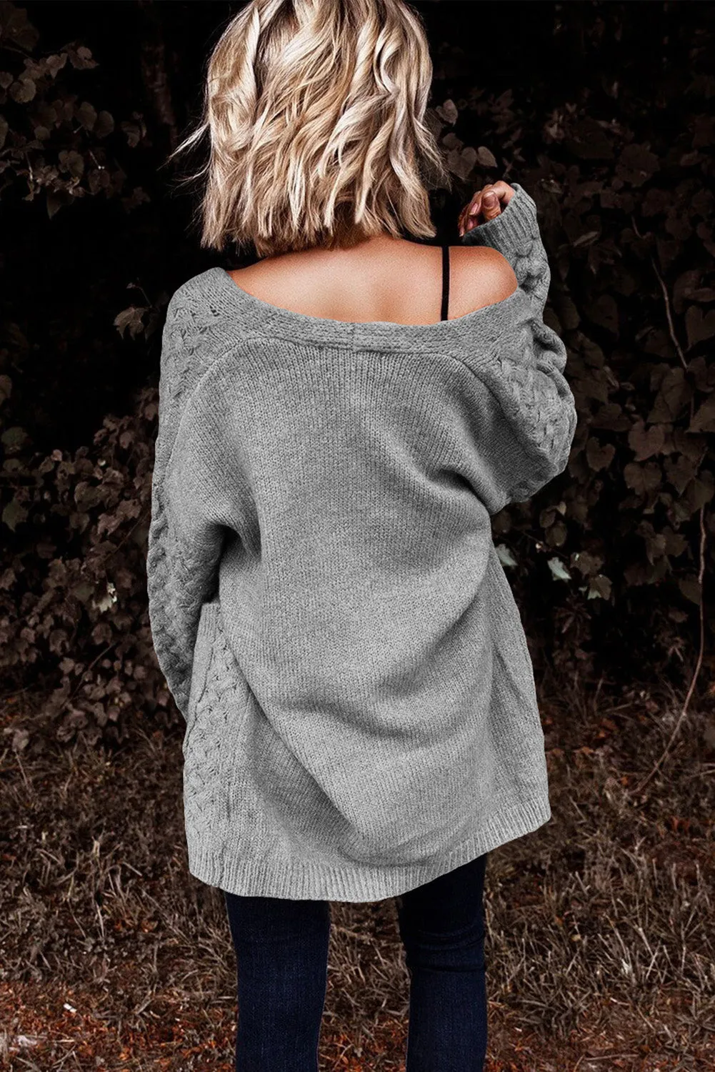 Brown Open Front Woven Texture Knitted Cardigan with Pockets