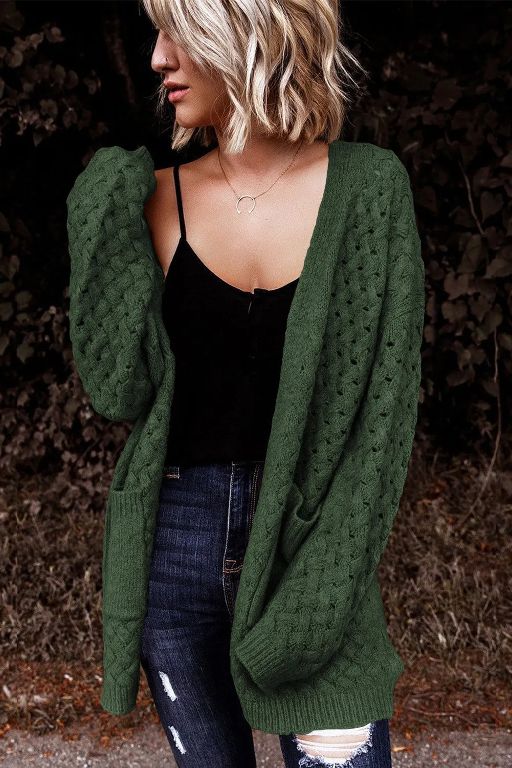 Brown Open Front Woven Texture Knitted Cardigan with Pockets