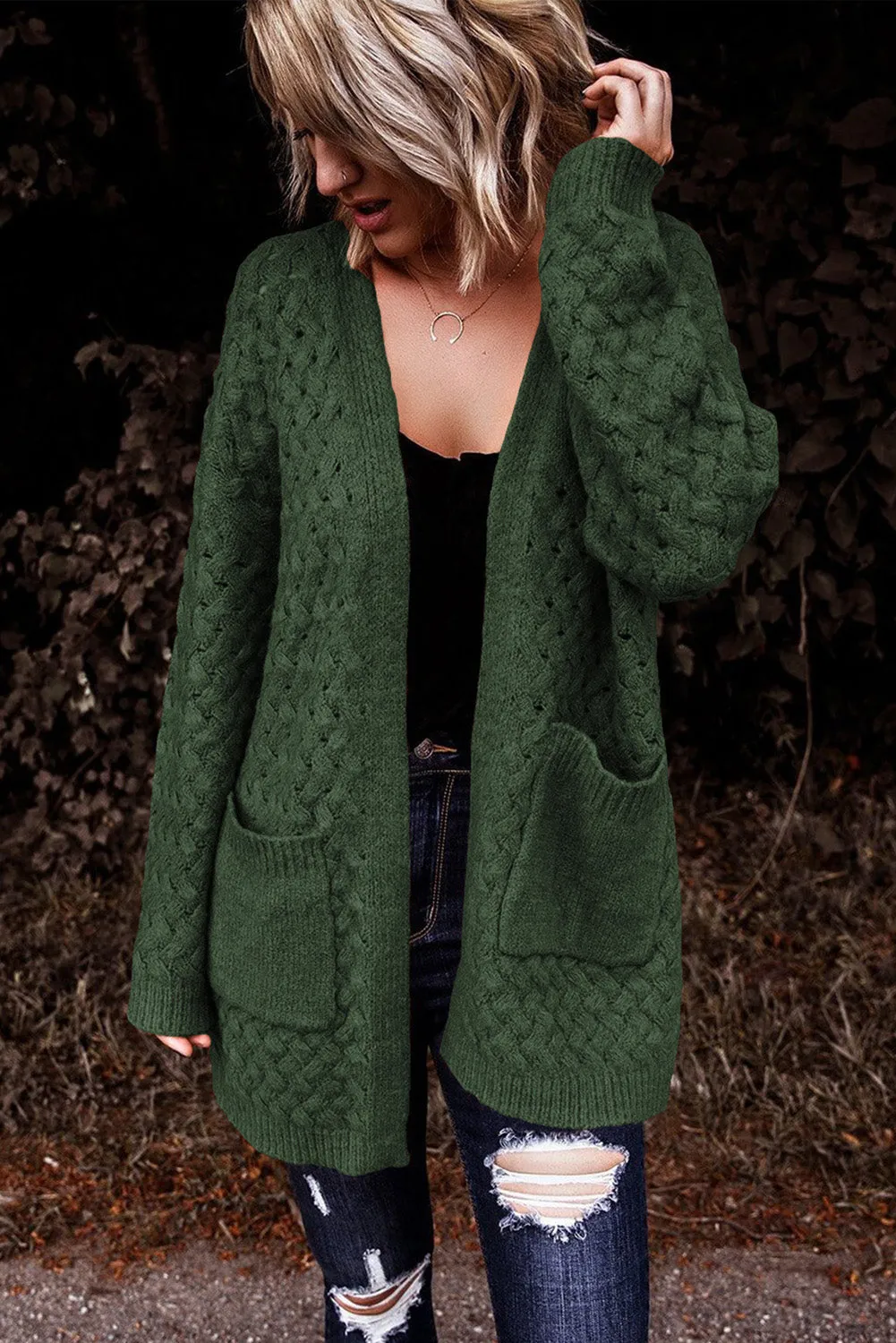 Brown Open Front Woven Texture Knitted Cardigan with Pockets