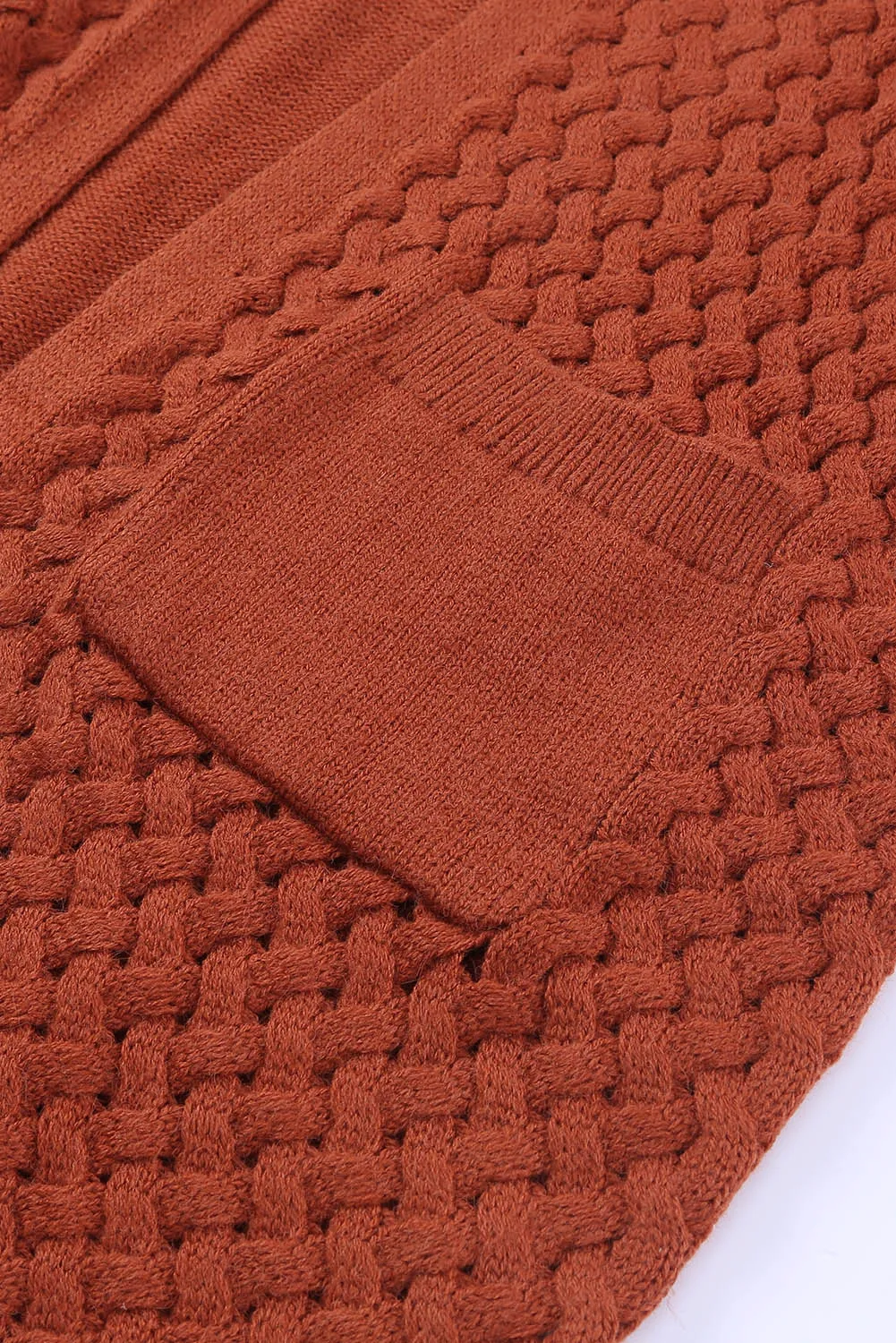 Brown Open Front Woven Texture Knitted Cardigan with Pockets