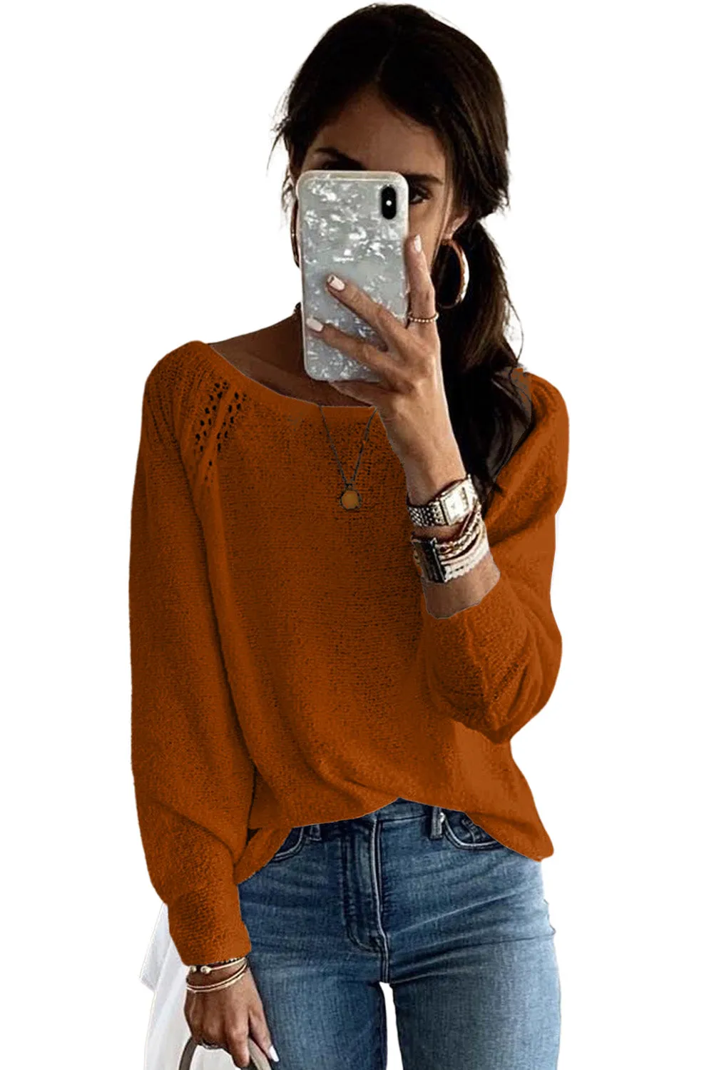 Brown White Long Sleeve Cutout Shoulder Relaxed Sweater