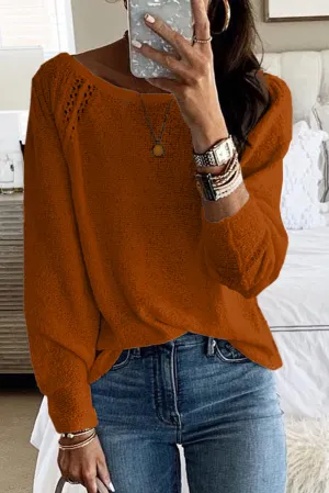 Brown White Long Sleeve Cutout Shoulder Relaxed Sweater