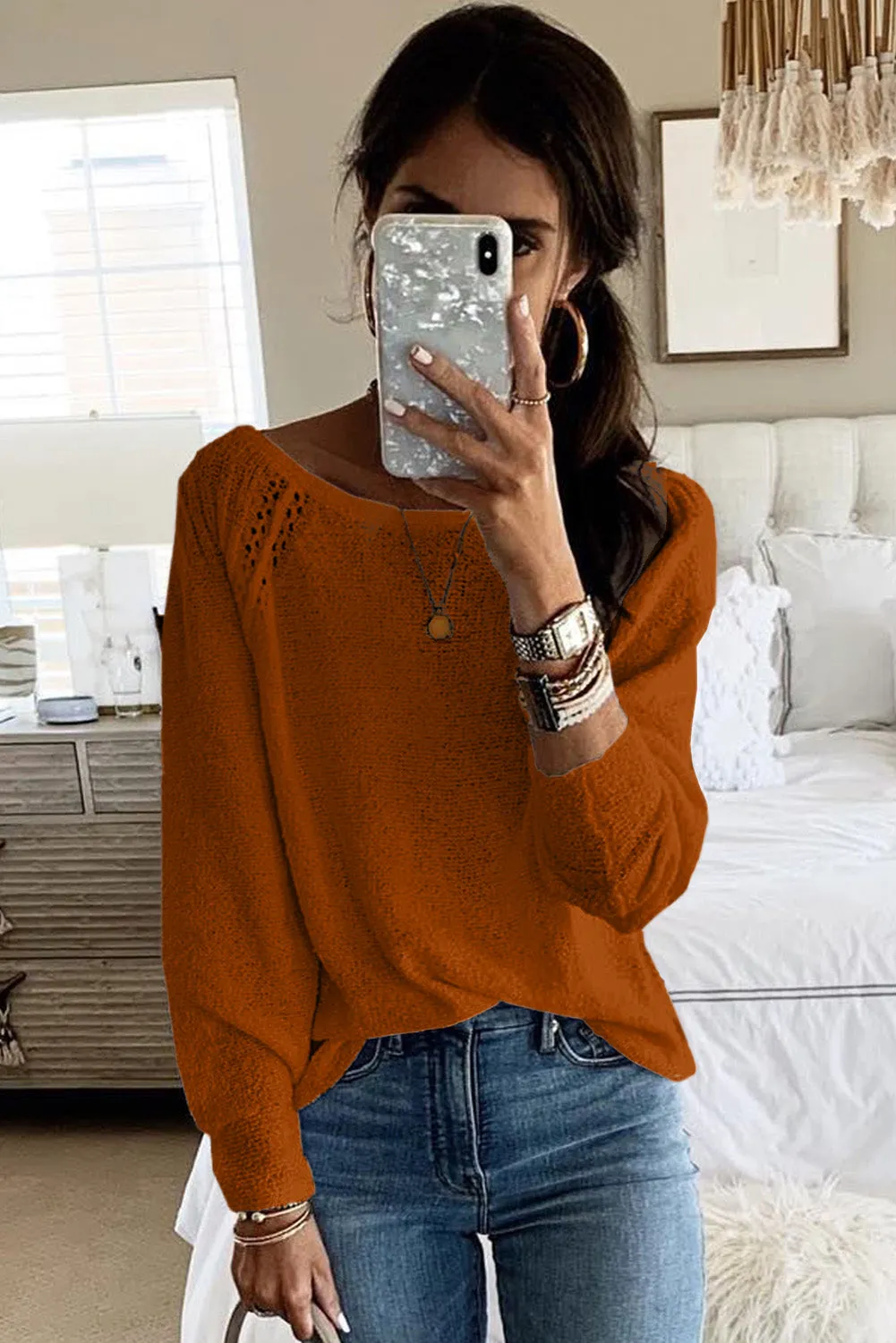 Brown White Long Sleeve Cutout Shoulder Relaxed Sweater