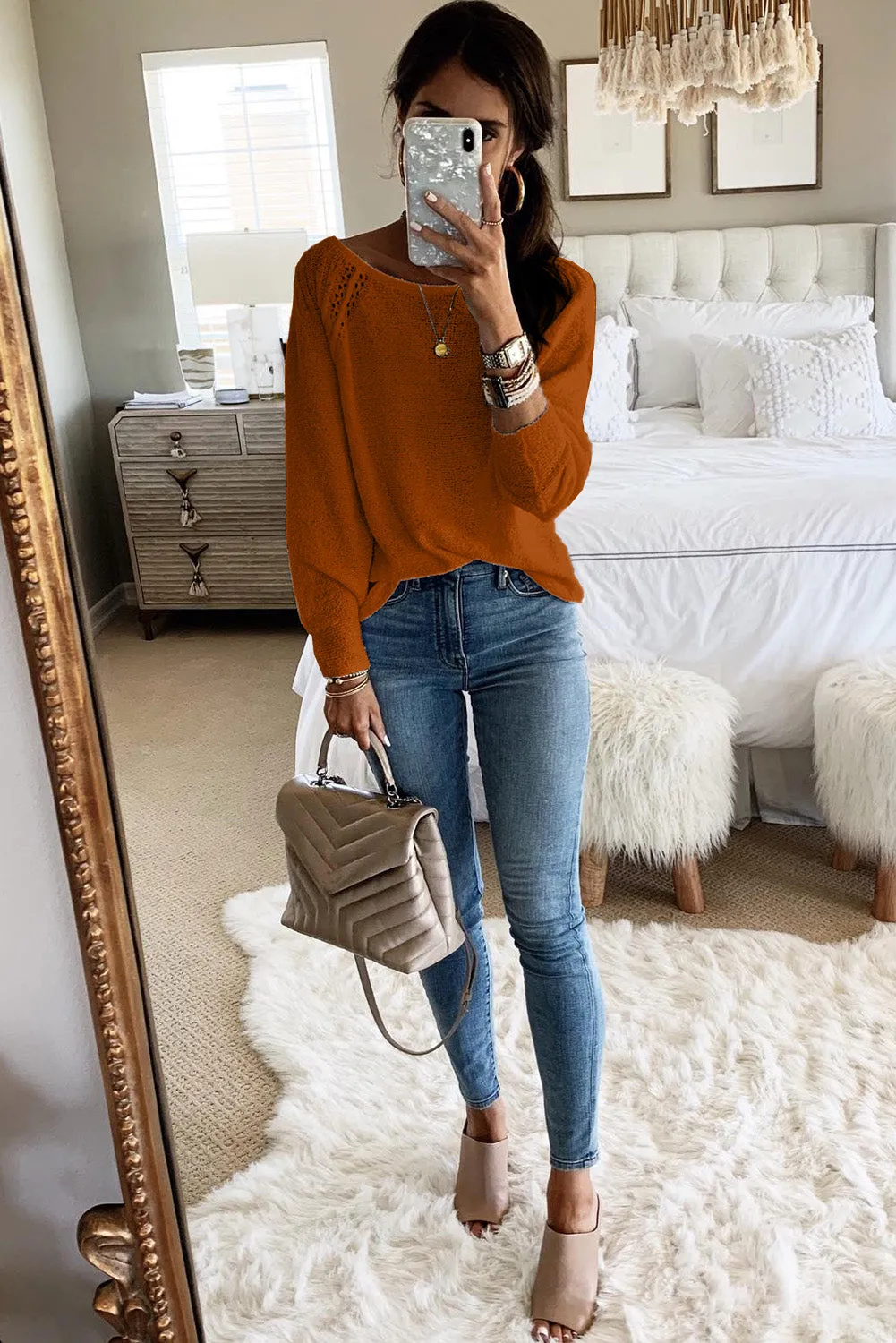 Brown White Long Sleeve Cutout Shoulder Relaxed Sweater