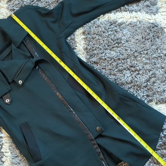 CAbi Green and Black Leather Trim Renaissance Asymmetrical Zip Pea Coat Size XS