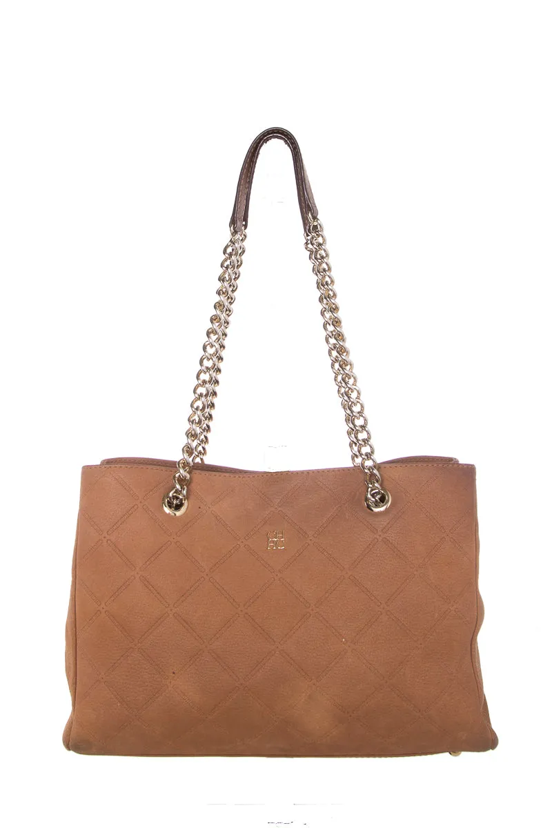 Carolina Herrera Camel Suede Quilted Shoulder Bag
