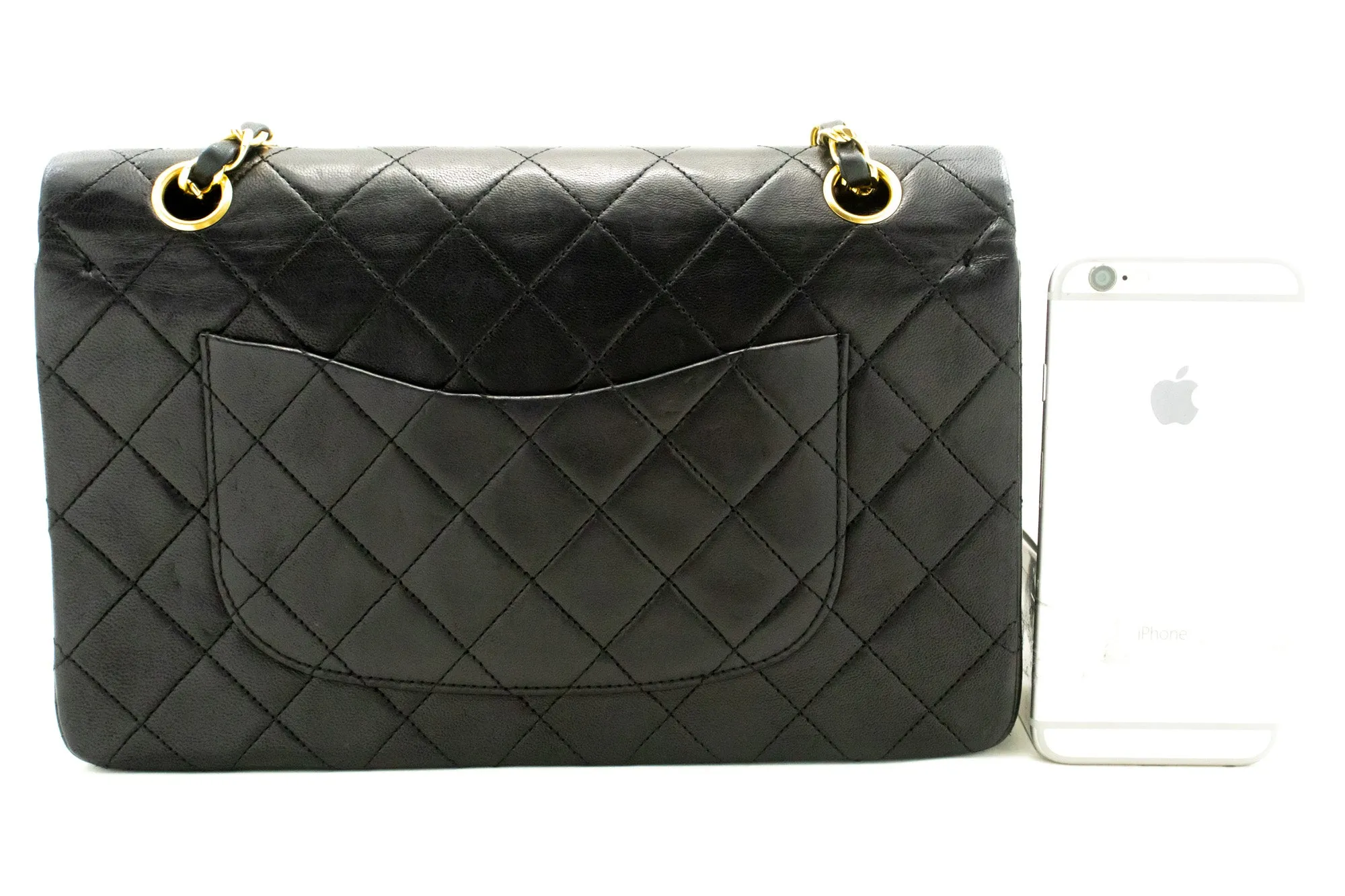 CHANEL Classic Double Flap 10" Chain Shoulder Bag Black Lambskin n53