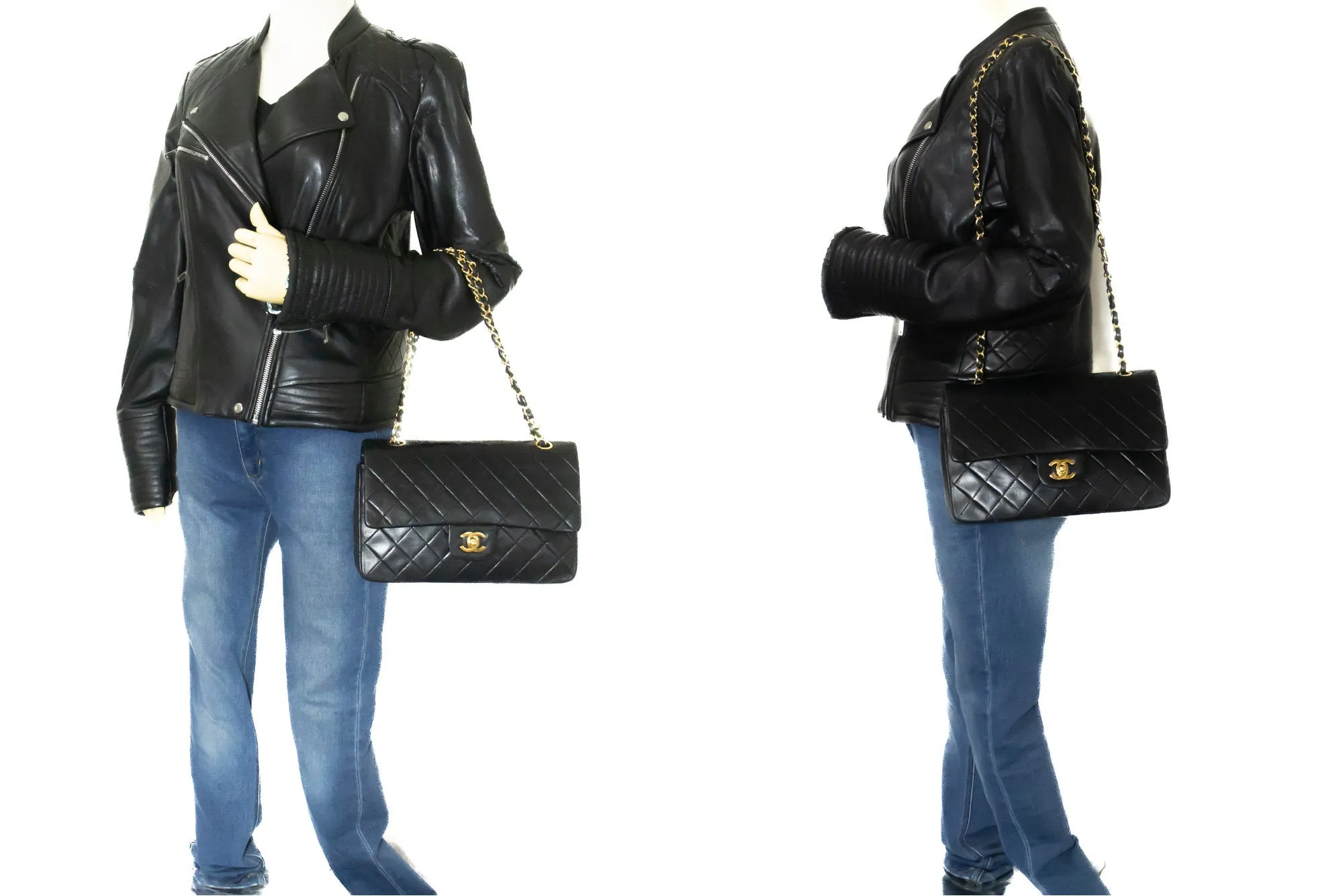 CHANEL Classic Double Flap 10" Chain Shoulder Bag Black Lambskin n53
