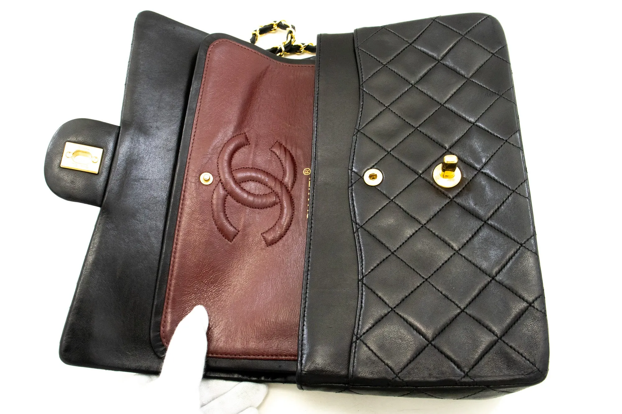 CHANEL Classic Double Flap 10" Chain Shoulder Bag Black Lambskin n53