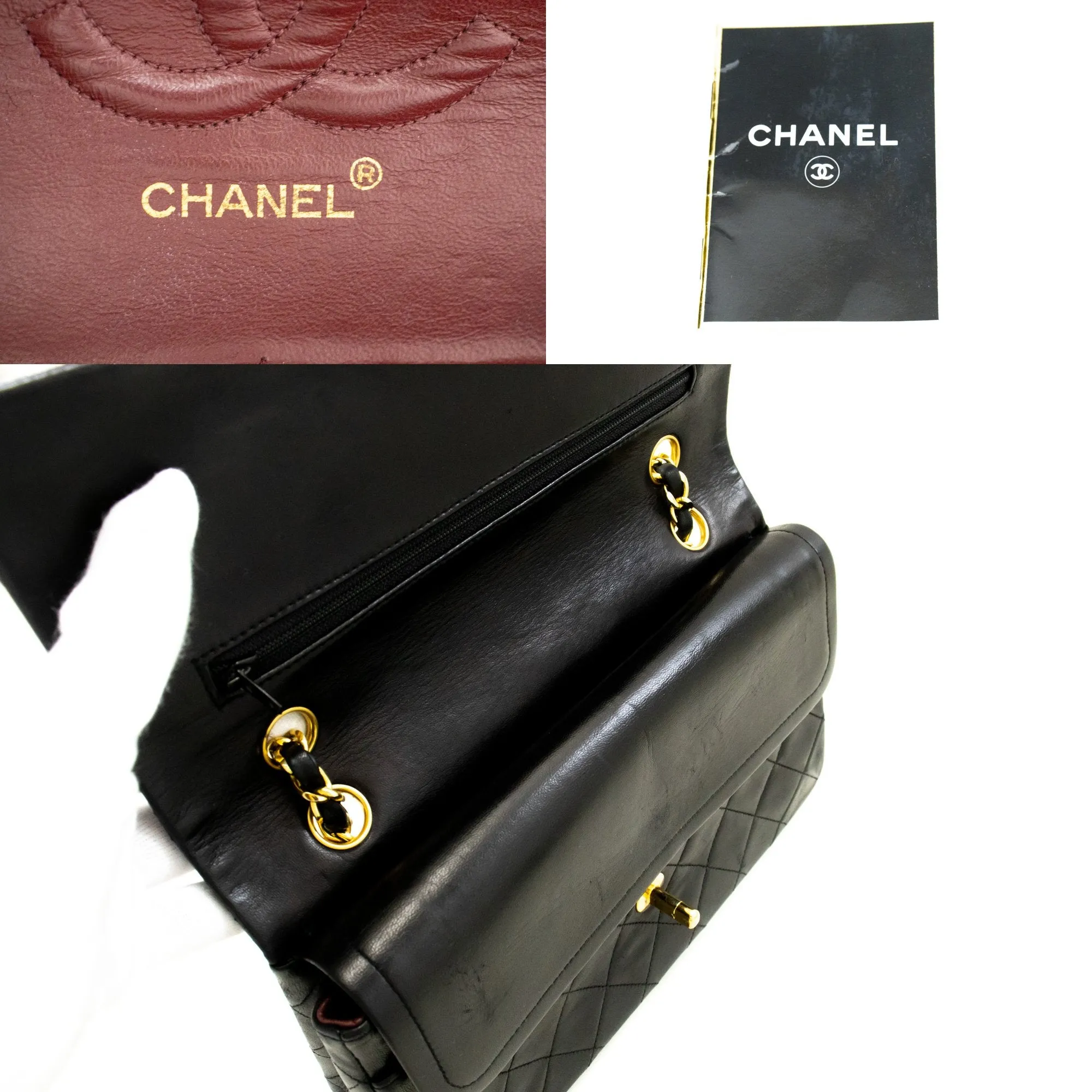 CHANEL Classic Double Flap 10" Chain Shoulder Bag Black Lambskin n53