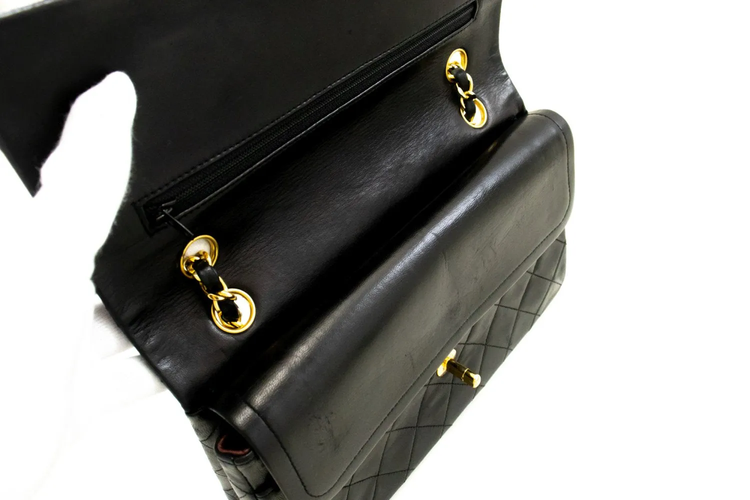 CHANEL Classic Double Flap 10" Chain Shoulder Bag Black Lambskin n53