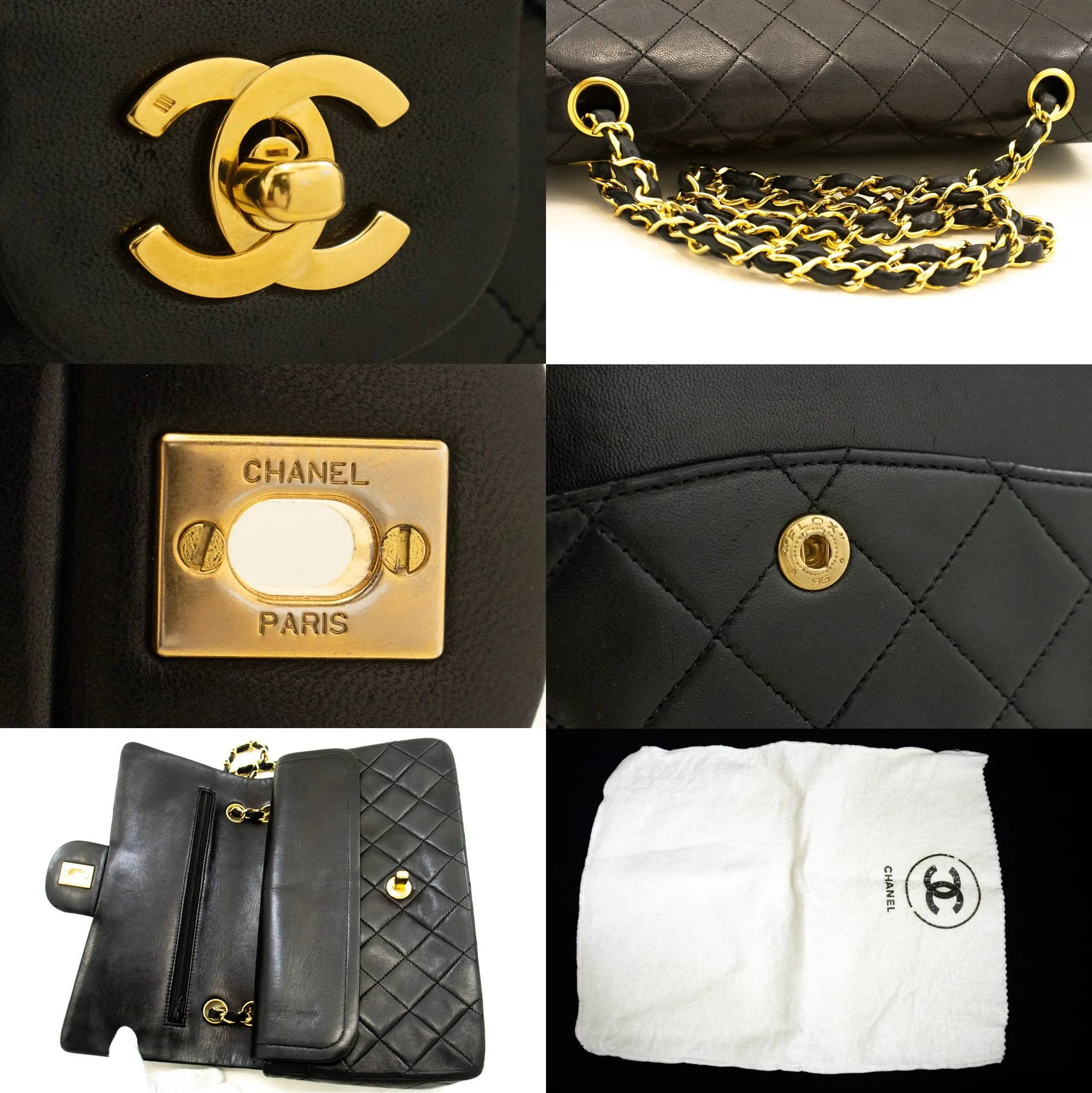 CHANEL Classic Double Flap 10" Chain Shoulder Bag Black Lambskin n53