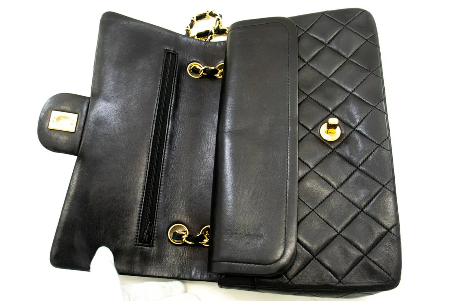 CHANEL Classic Double Flap 10" Chain Shoulder Bag Black Lambskin n53