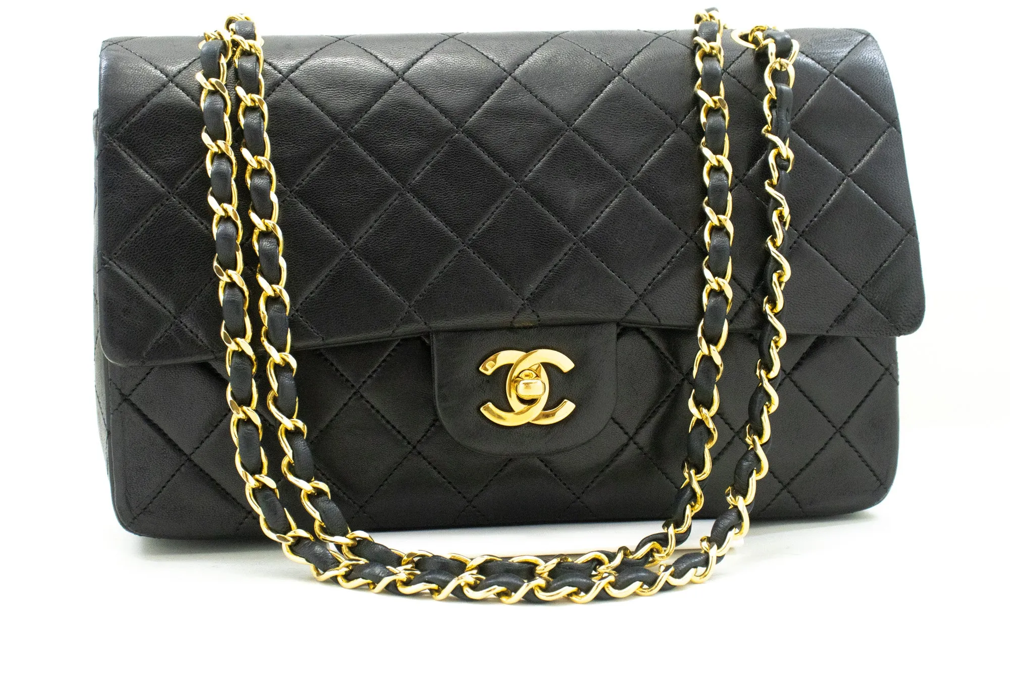 CHANEL Classic Double Flap 10" Chain Shoulder Bag Black Lambskin n53