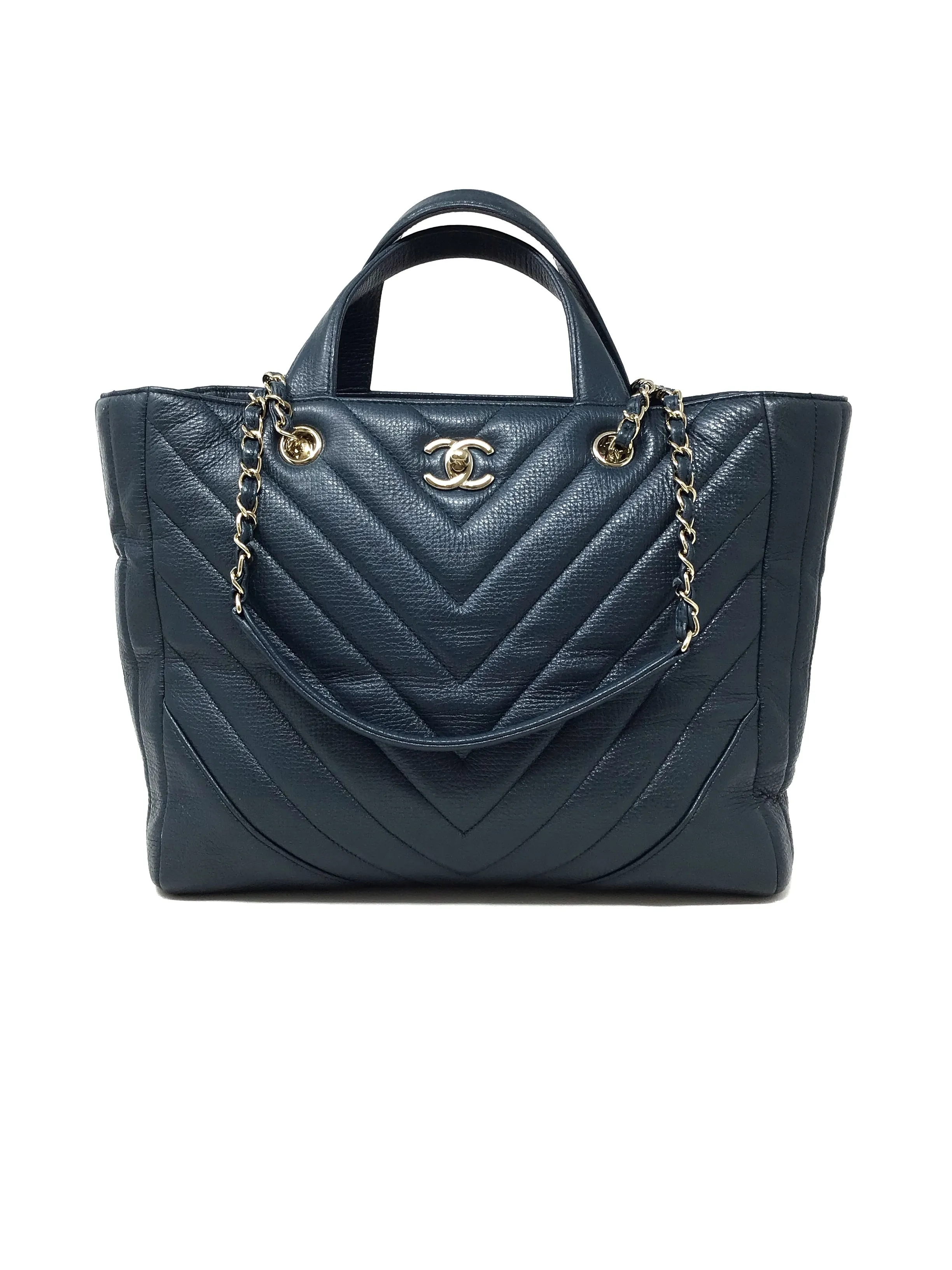 Chanel Cornflower '17 Metallic Calfskin Chevron Statement Large Shopping Tote