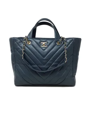Chanel Cornflower '17 Metallic Calfskin Chevron Statement Large Shopping Tote