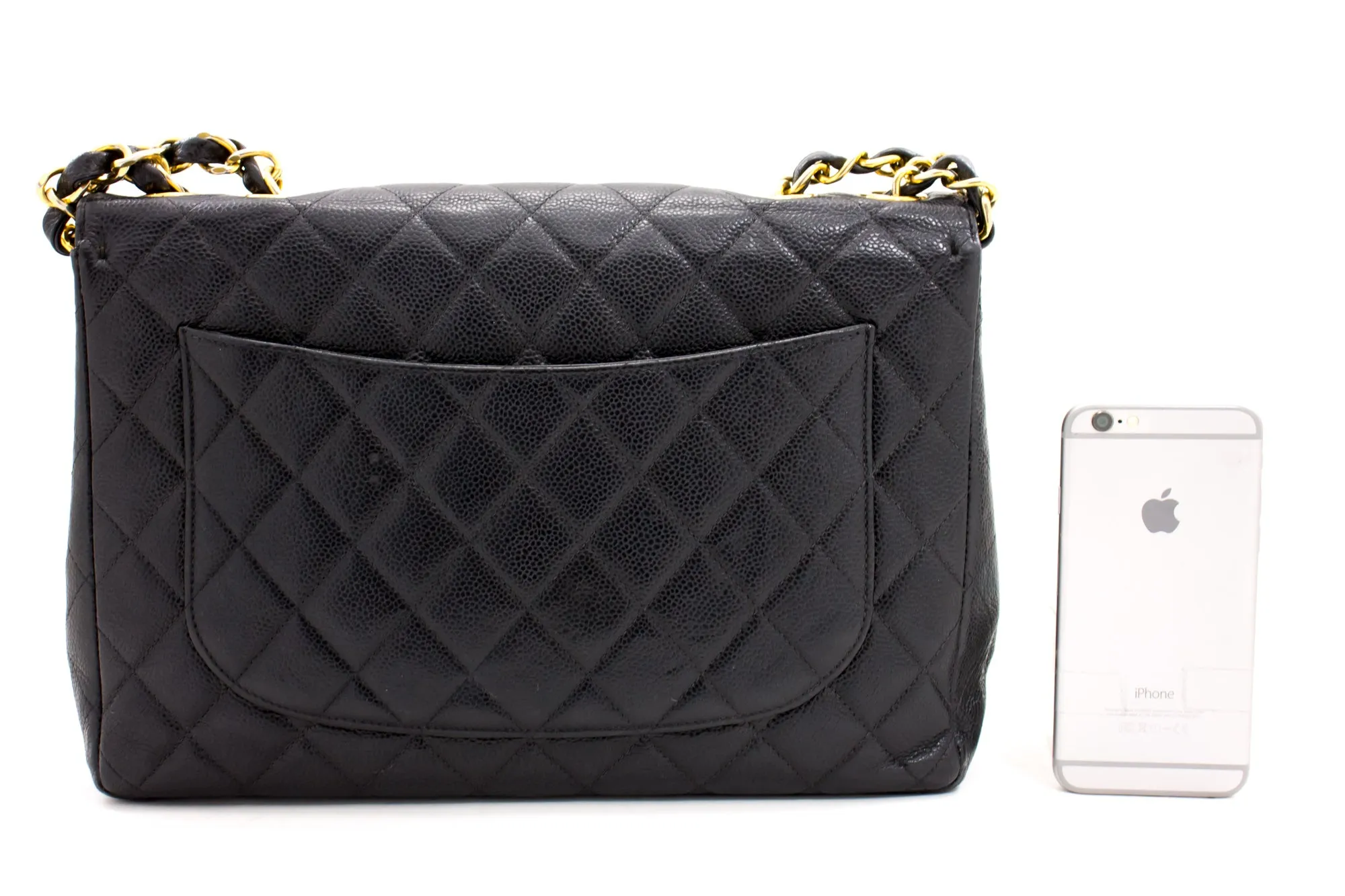 CHANEL Jumbo Caviar 11" Large Chain Shoulder Bag Flap Black Quilt e23