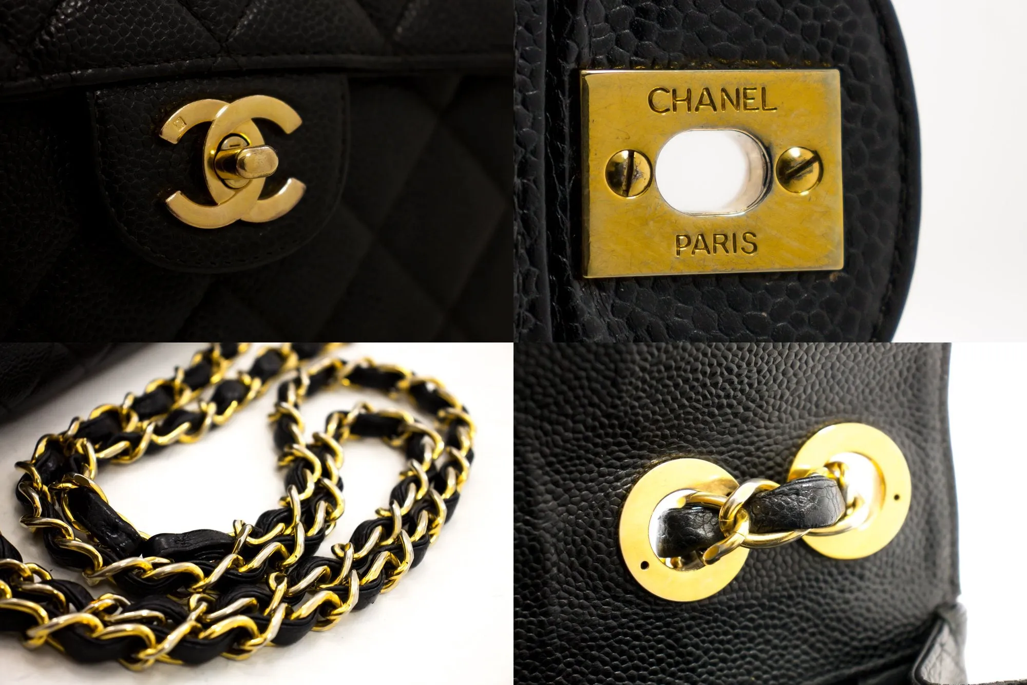 CHANEL Jumbo Caviar 11" Large Chain Shoulder Bag Flap Black Quilt e23