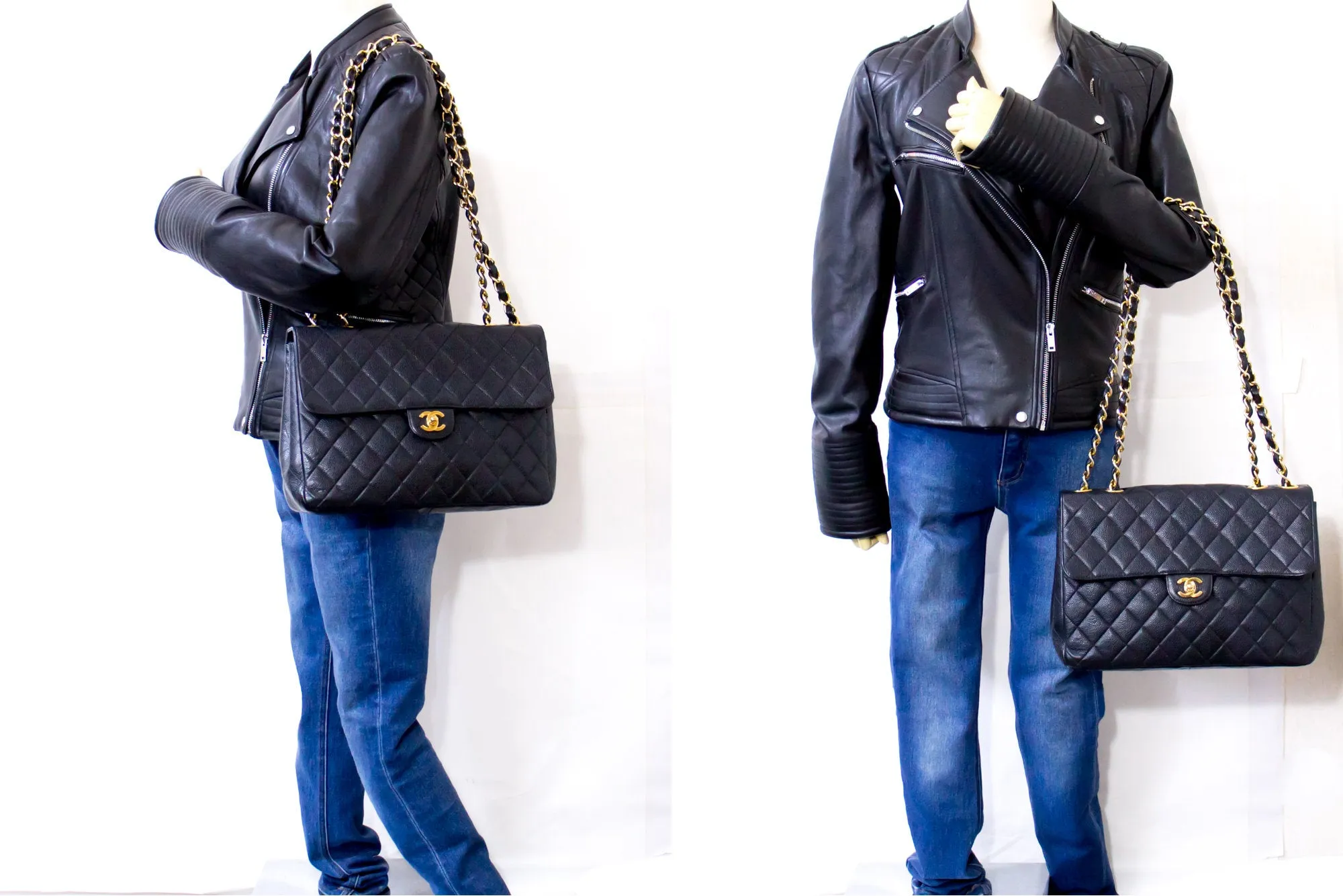 CHANEL Jumbo Caviar 11" Large Chain Shoulder Bag Flap Black Quilt e23