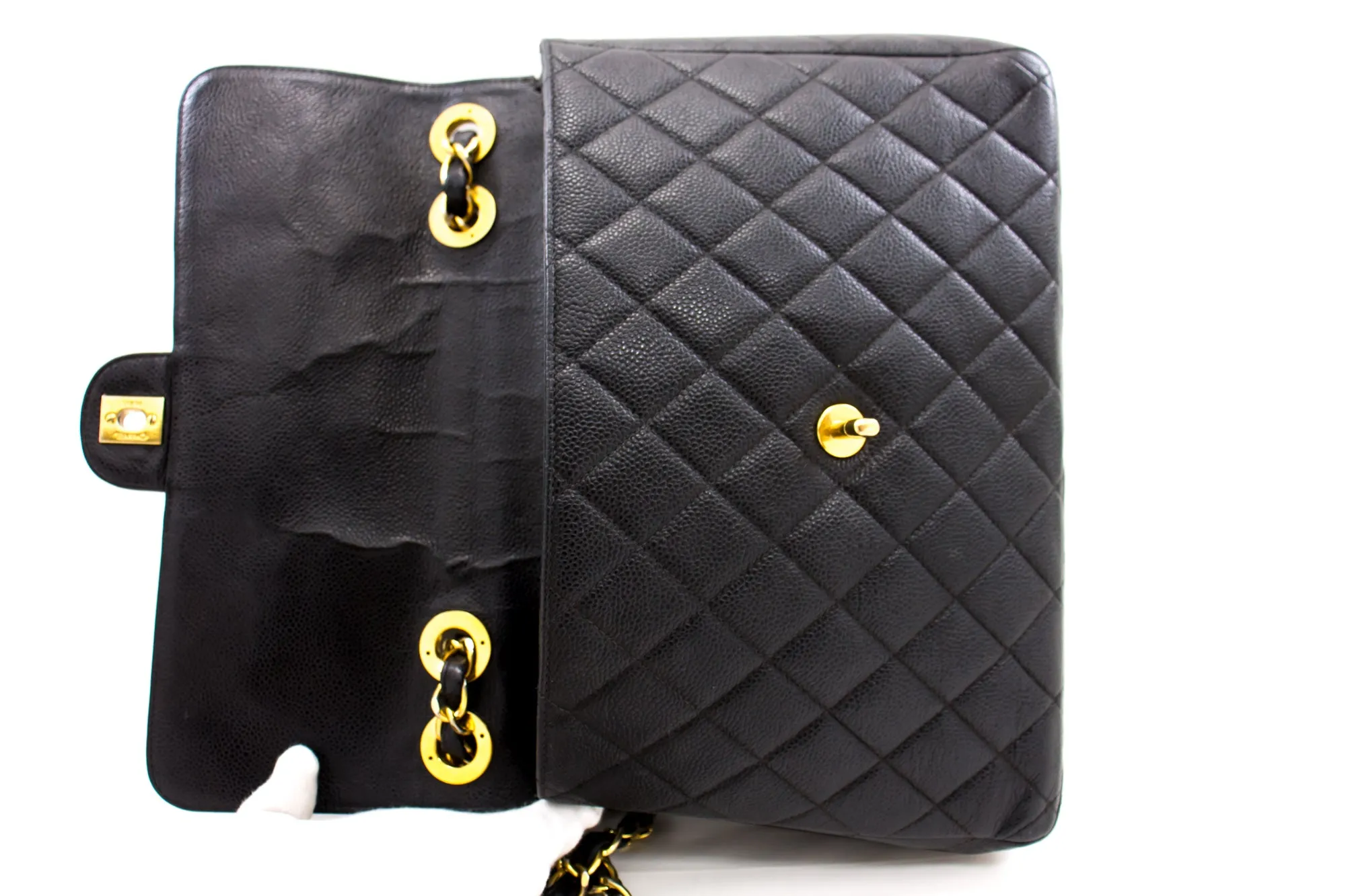 CHANEL Jumbo Caviar 11" Large Chain Shoulder Bag Flap Black Quilt e23