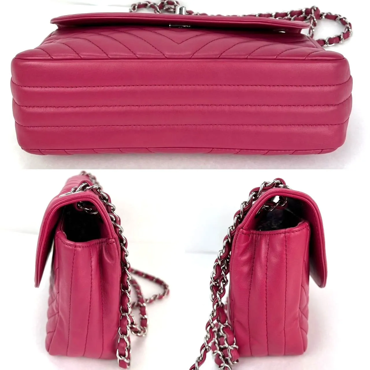Chanel Pink Calfskin Chevron Medium Round Flap Lambskin Shoulder Bag