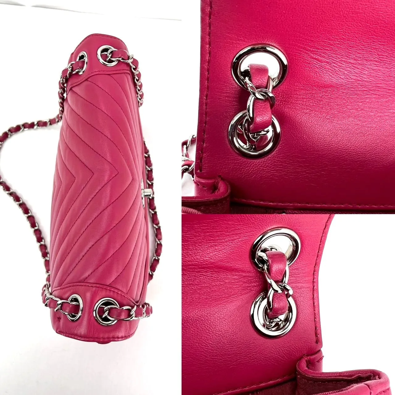 Chanel Pink Calfskin Chevron Medium Round Flap Lambskin Shoulder Bag