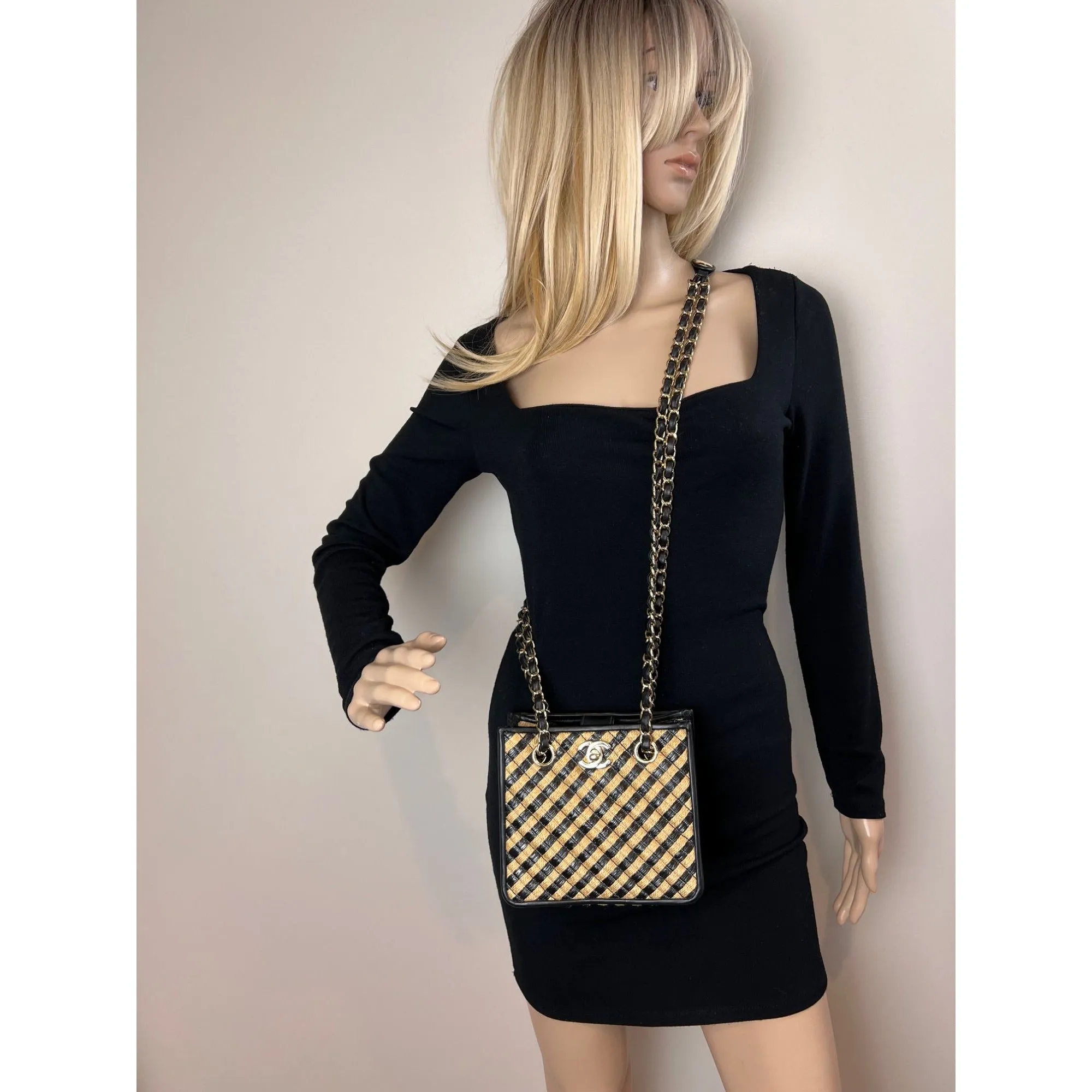 Chanel Raffia Jute Striped Urban Jungle Black Beige Bucket Bag