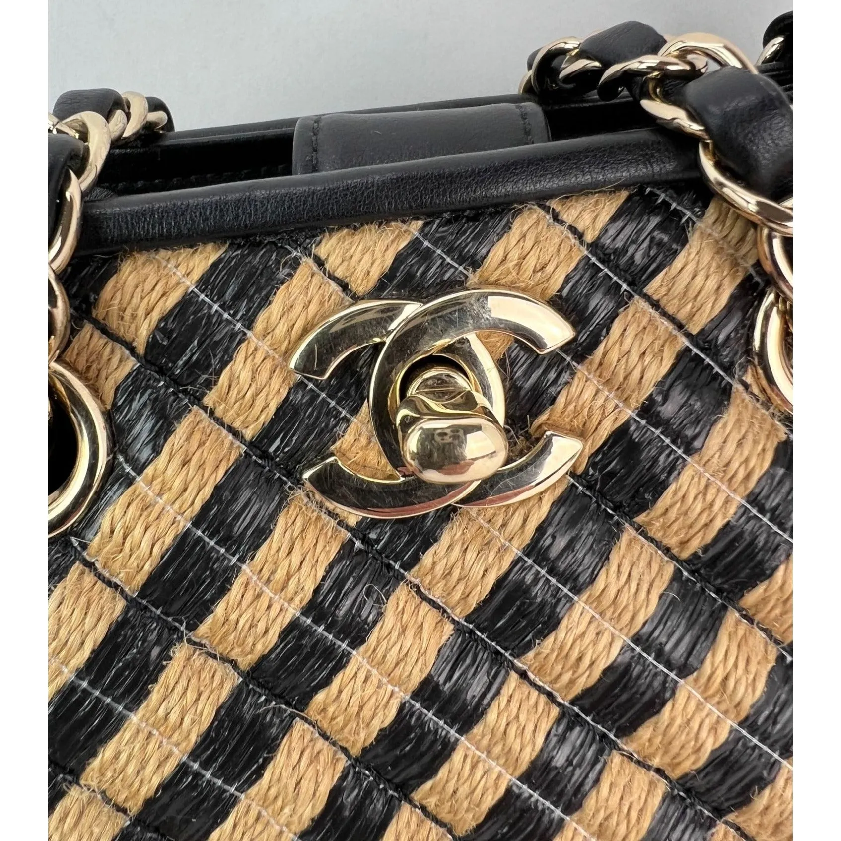 Chanel Raffia Jute Striped Urban Jungle Black Beige Bucket Bag